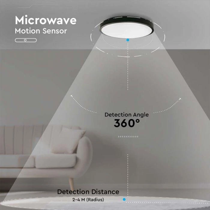 V-tac 18W LED paviršinis šviestuvas, juodu korpusu, 4000K, IP44, su judesio davikliu