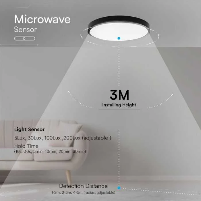 Lubinis šviestuvas V-tac 24W LED paviršinis šviestuvas, juodas, 4000K, IP44, SAMSUNG LED chip, su judesio davikliu