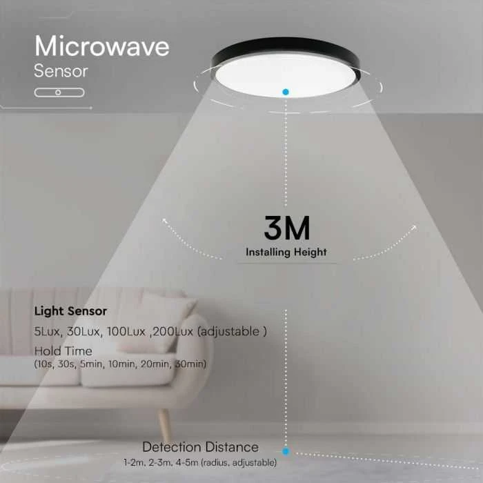 Lubinis šviestuvas V-tac 36W LED paviršinis šviestuvas, juodu korpusu, 4000K, IP44, su judesio davikliu
