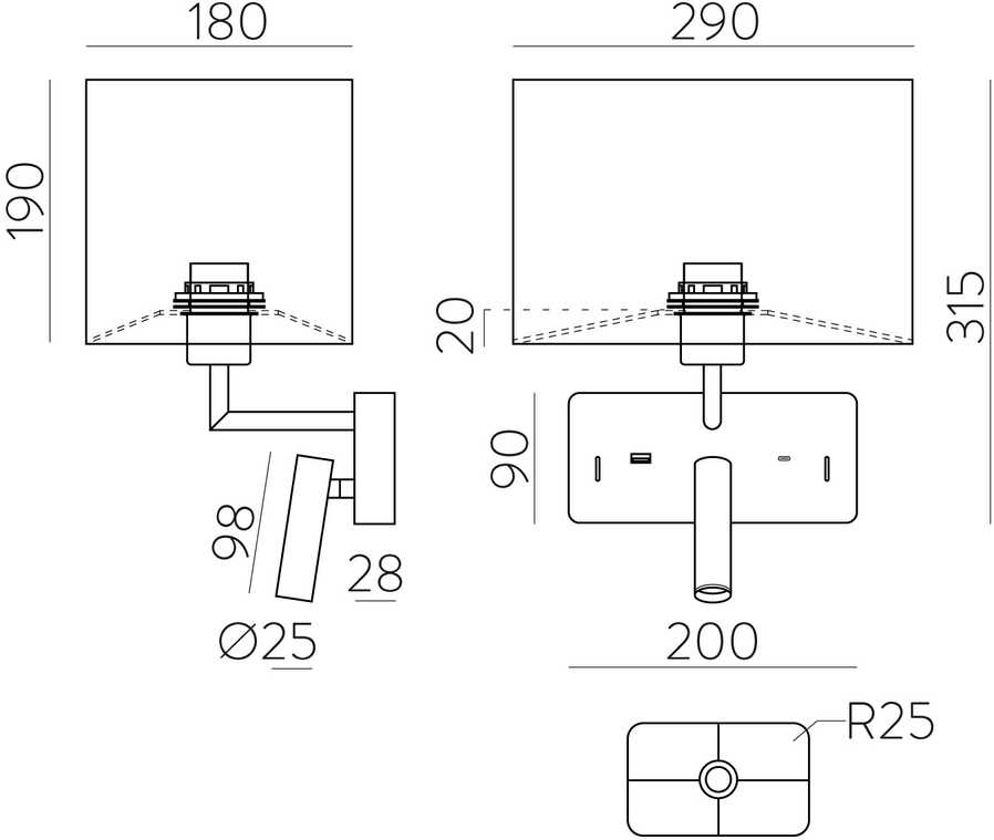 Sieninis šviestuvas ROMEO, E27, juodas, su skaitymo šviestuvėliu ir USB, A3971081N