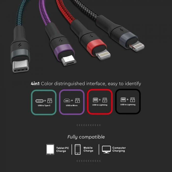 USB laidas, 4IN1, juodas, 1,2m