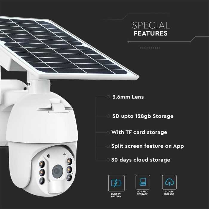 V-tac Valdoma HD 2MP WiFi apsaugos kamera, balta, su judesio davikliu ir saulės baterija
