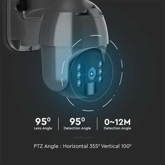 V-tac Valdoma HD 2MP WiFi apsaugos kamera, juoda, su judesio davikliu ir saulės baterija
