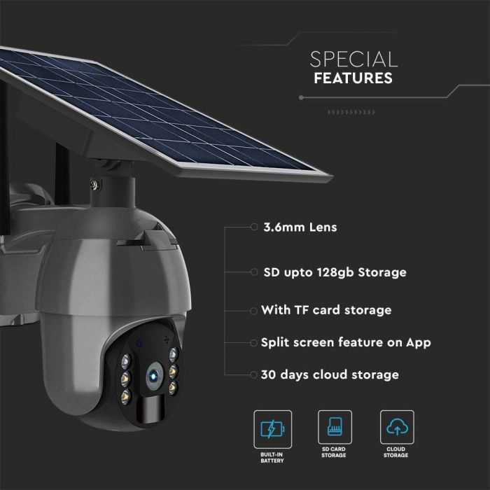V-tac Valdoma HD 2MP WiFi apsaugos kamera, juoda, su judesio davikliu ir saulės baterija