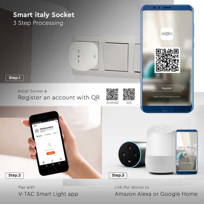 V-tac WIFI lizdas, suderinamas su AMAZON ALEXA ir GOOGLE HOME, baltas