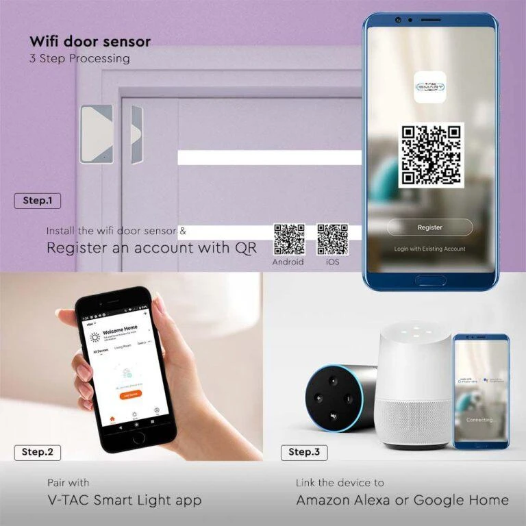 V-tac WIFI magnetinis kontaktinis jutiklis, baltas, suderinamas su AMAZON ALEXA ir GOOGLE HOME