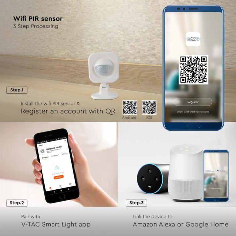 V-tac WIFI PIR judesio daviklis, juodas, suderinamas su AMAZON ALEXA ir GOOGLE HOME