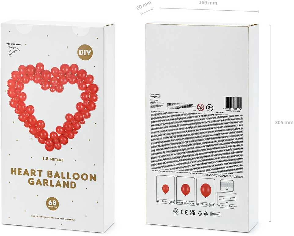PartyDeco Balionų girlianda "Raudona širdis" (68vnt, 160cm)