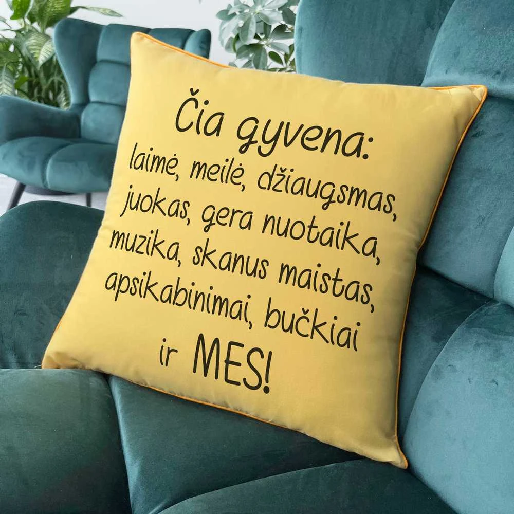 Dekoratyvinė pagalvėlė "Čia gyvename MES"