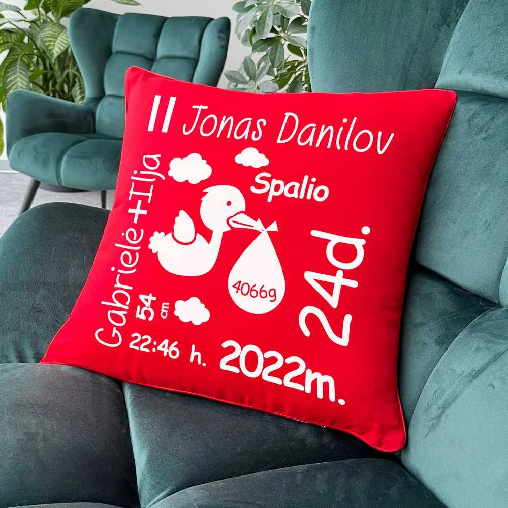 Dekoratyvinė pagalvėlė "Gandriukas" su gimimo metrikais