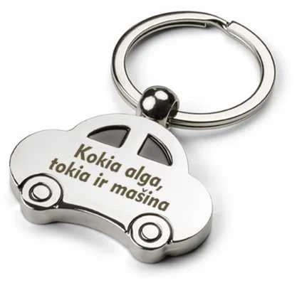 Graviruotas raktų pakabukas "Kokia alga, tokia ir mašina"
