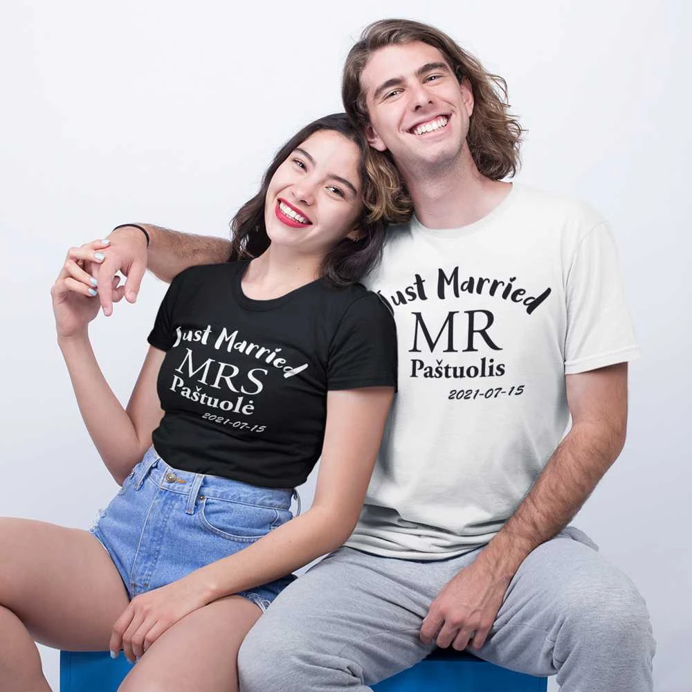 Marškinėlių komplektas "Just Married" su pasirinkta pavarde ir data