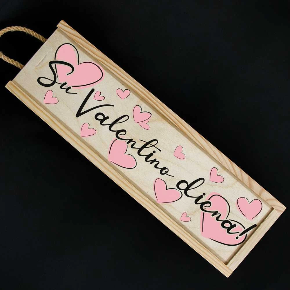 Medinė butelio dėžė "Su Valentino diena!"