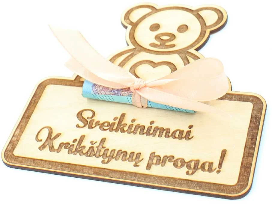 Medinė lentutė pinigams dovanoti "Krikštynų proga"