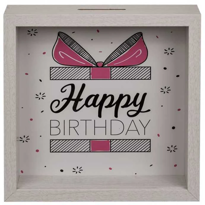 Medinė taupyklė su langeliu "Happy birthday"