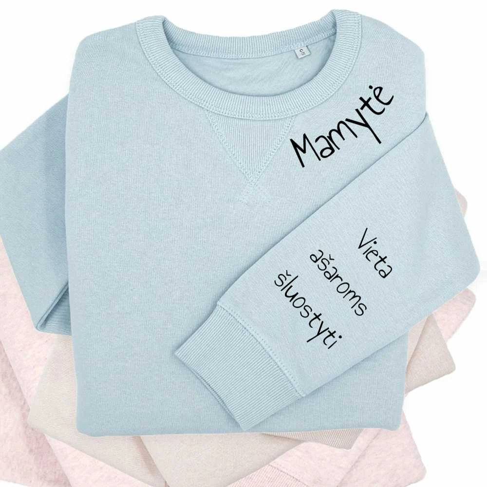 UNISEX pastelinis "Sully" džemperis "Mamytė" su spauda ant rankovės