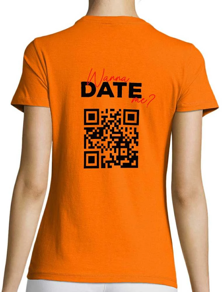 Moteriški marškinėliai "Wanna date me?" su personalizuotu QR kodu