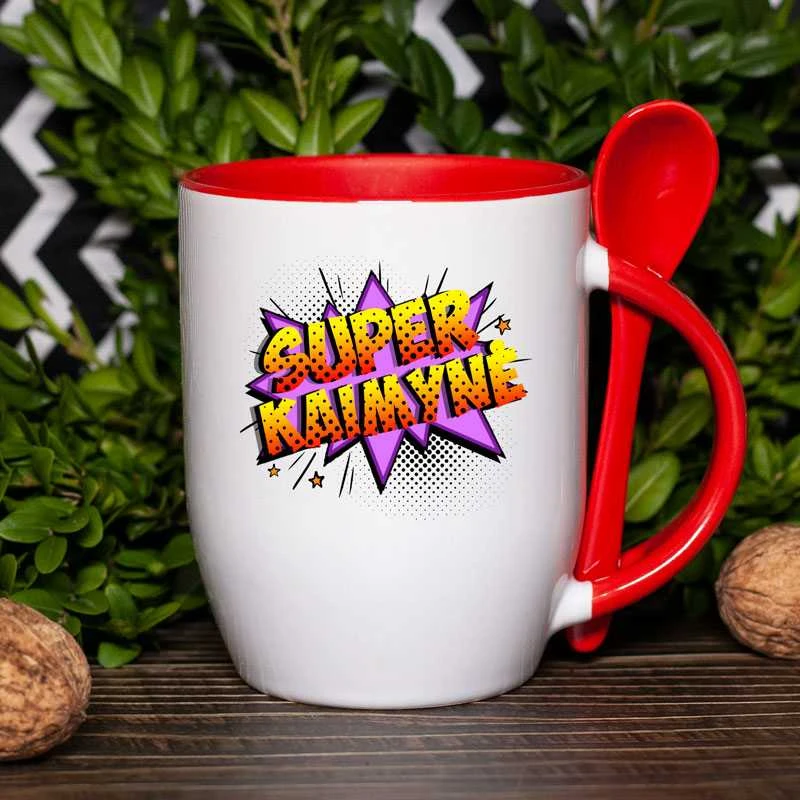 Puodelis su šaukšteliu "Super kaimynė"