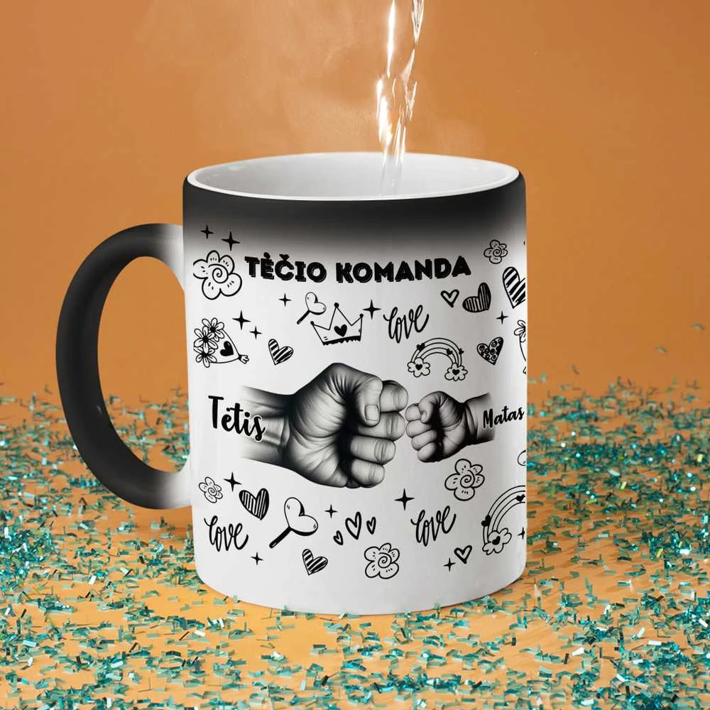 Puodelis "Tėčio komanda" su pasirinktais vaikų vardais
