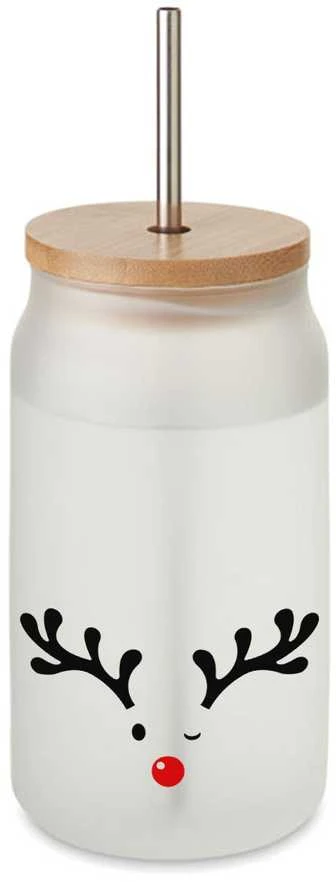 Stiklainis gėrimams su metaliniu šiaudeliu "Briedžiukas", 400ml