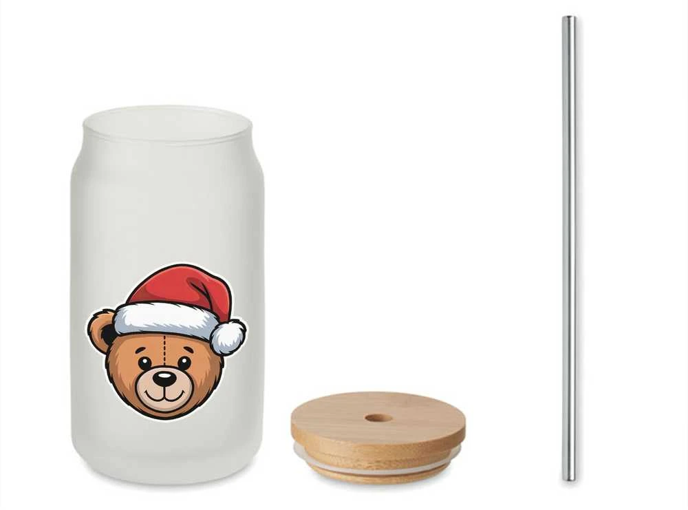 Stiklainis gėrimams su metaliniu šiaudeliu "Teddy bear", 400ml