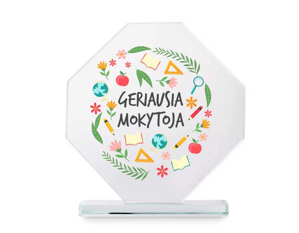 Stiklinis trofėjus dovanų dėžutėje "Geriausia mokytoja"