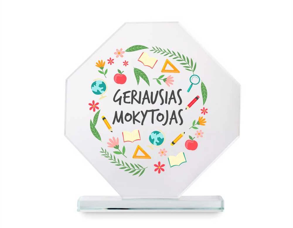 Stiklinis trofėjus dovanų dėžutėje "Geriausias mokytojas"