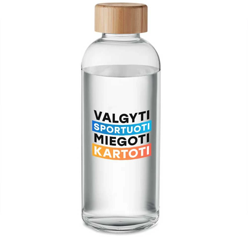 Stiklinis vandens butelis "Valgyti, sportuoti, miegoti, kartoti" (650ml)
