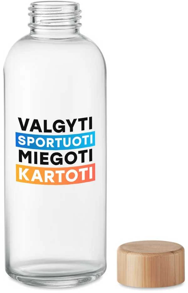 Stiklinis vandens butelis "Valgyti, sportuoti, miegoti, kartoti" (650ml)