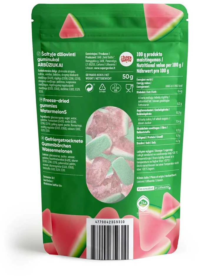 Supergarden STAR CANDIES šaltyje džiovinti guminukai "Arbūziukai", 50g