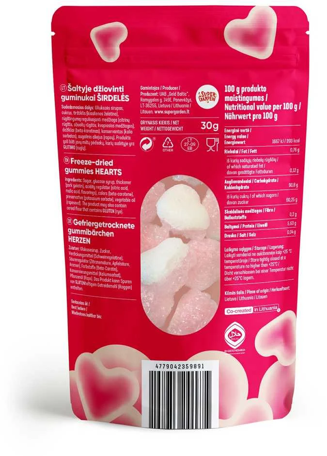 Supergarden STAR CANDIES šaltyje džiovinti guminukai "Hearts", 30g.