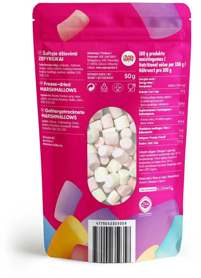 Supergarden STAR CANDIES šaltyje džiovinti zefyriukai "Marshmallows", 50g.