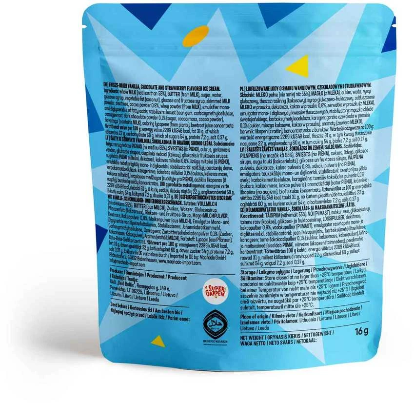 Supergarden STAR CANDIES šaltyje džiovinti ledai NEAPOLITAN (vaniliniai, šokoladiniai, braškiniai), 16g