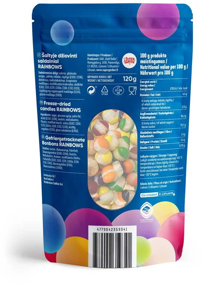 Supergarden STAR CANDIES šaltyje džiovinti saldainiai "Rainbows", 120g