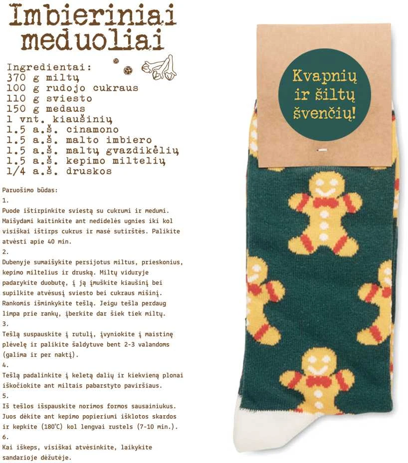 Šventinės kojinės su receptu "Imbieriniai meduoliai"