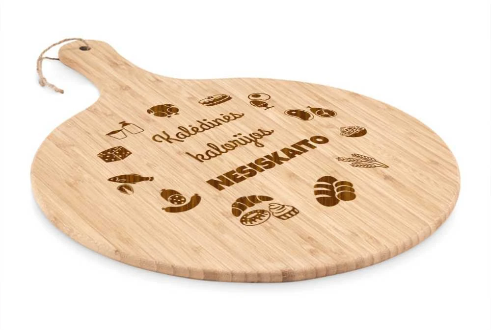 XXL bambukinė apvali pjaustymo lentelė "Kalėdinės kalorijos nesiskaito" (31cm)