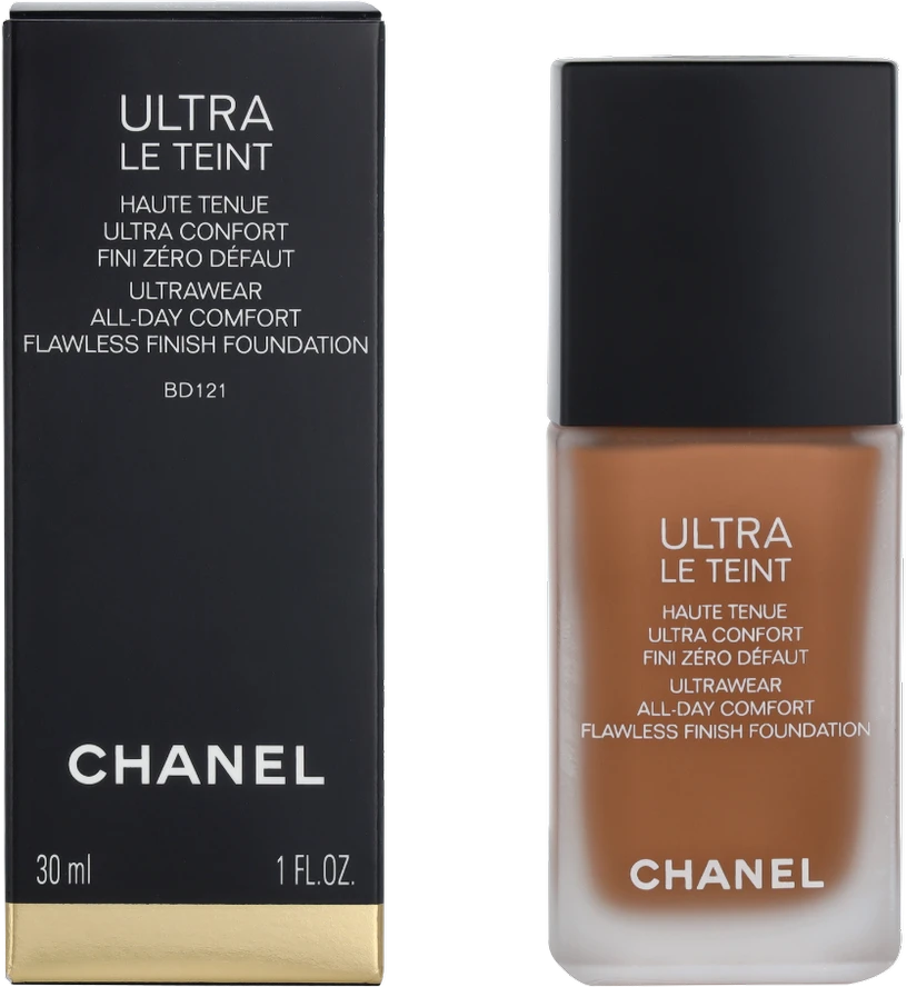 Chanel Ultra Le Teint Flawless Finish Fluid Foundation ilgai išliekanti tobulinanti kreminė pudra, matinis švytintis efektas, atspalvis: BD121, 30 ml