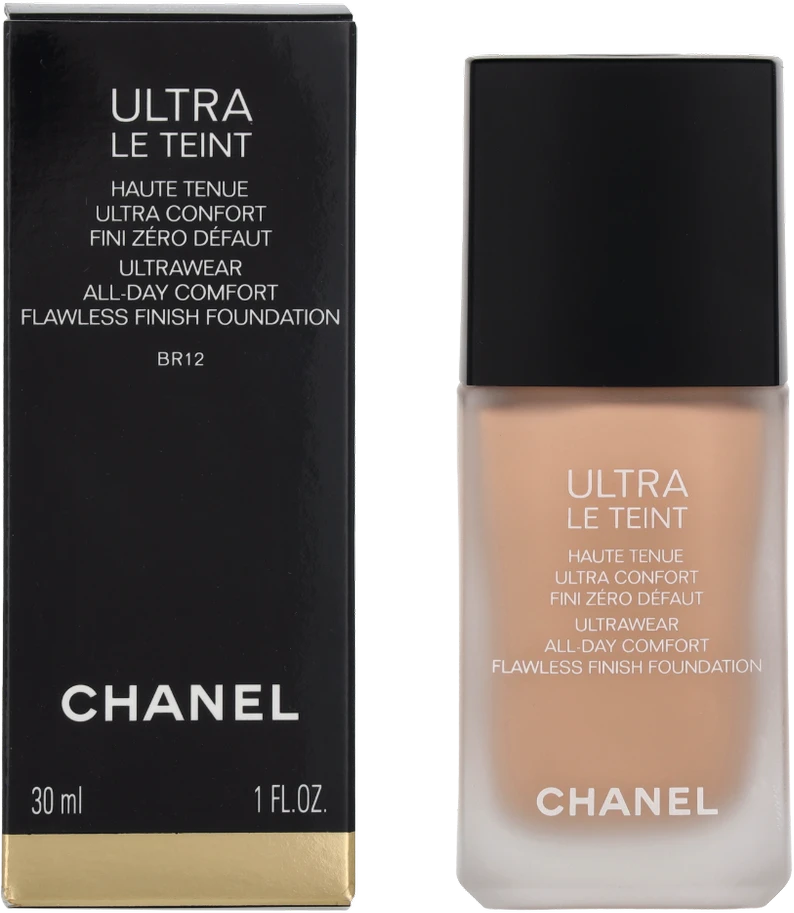 Chanel Ultra Le Teint Flawless Finish Fluid Foundation ilgai išliekanti tobulinanti kreminė pudra, matinis švytintis efektas, atspalvis: BR12, 30 ml