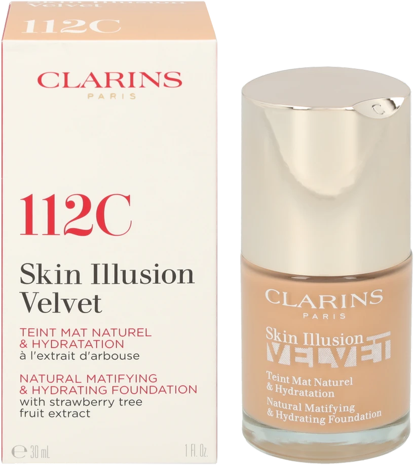 „Clarins Skin Illusion Velvet Matte Natural Finish“ skystas makiažo pagrindas, 112C Amber, 30 ml