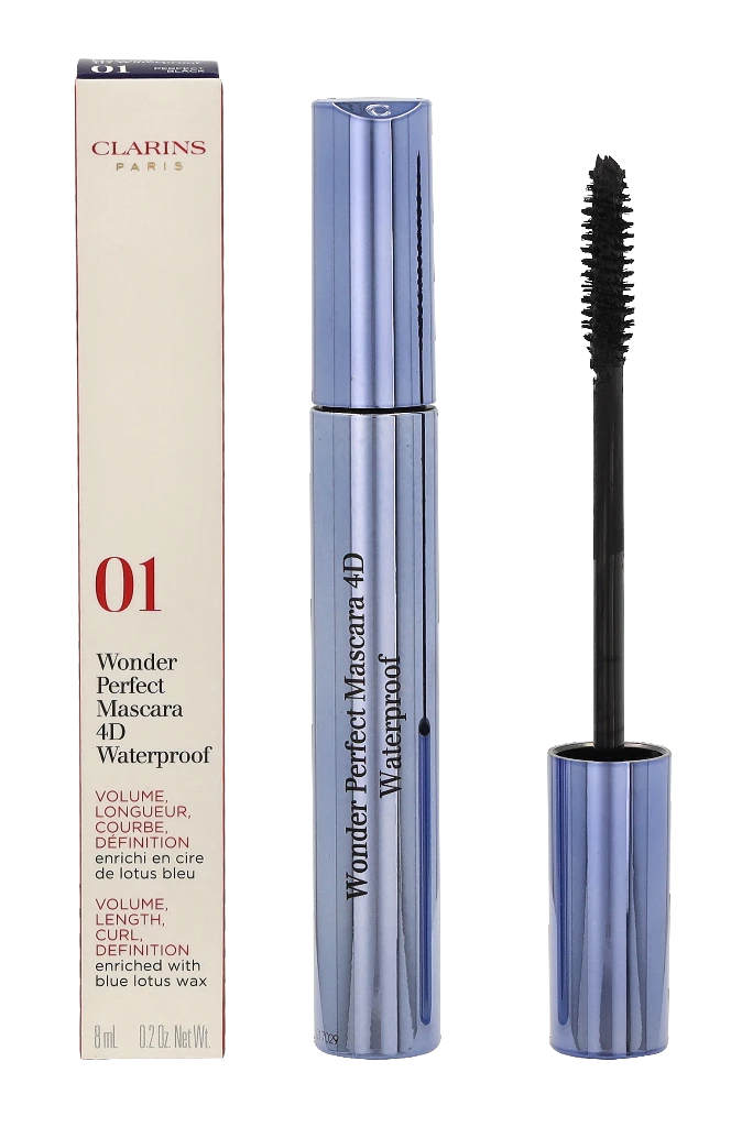 Clarins Wonder Perfect 4D Blakstienų tušas Atsparus vandeniui #01 Perfect Juodas, 8 ml