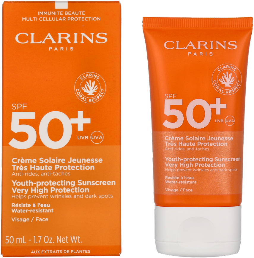 Clarins Youth-Protecting Sunscreen Very High Protection SPF 50+ apsauginis veido kremas nuo saulės, 50 ml