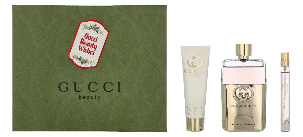 Rinkinys „Gucci“: „Guilty“ kvepalai moterims, 90 ml + „Guilty“ kvepalai moterims, 10 ml + „Guilty“ drėkinamasis losjonas kūnui, 50 ml