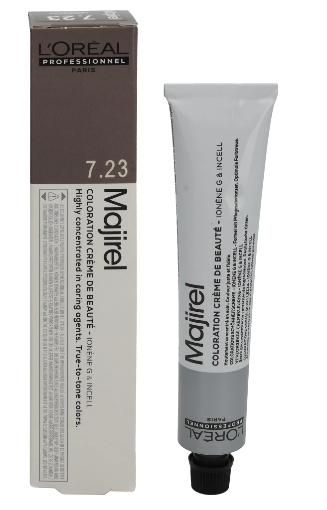 L'Oreal Majirel 7.23 plaukų dažų pakuotė ir tūbelė