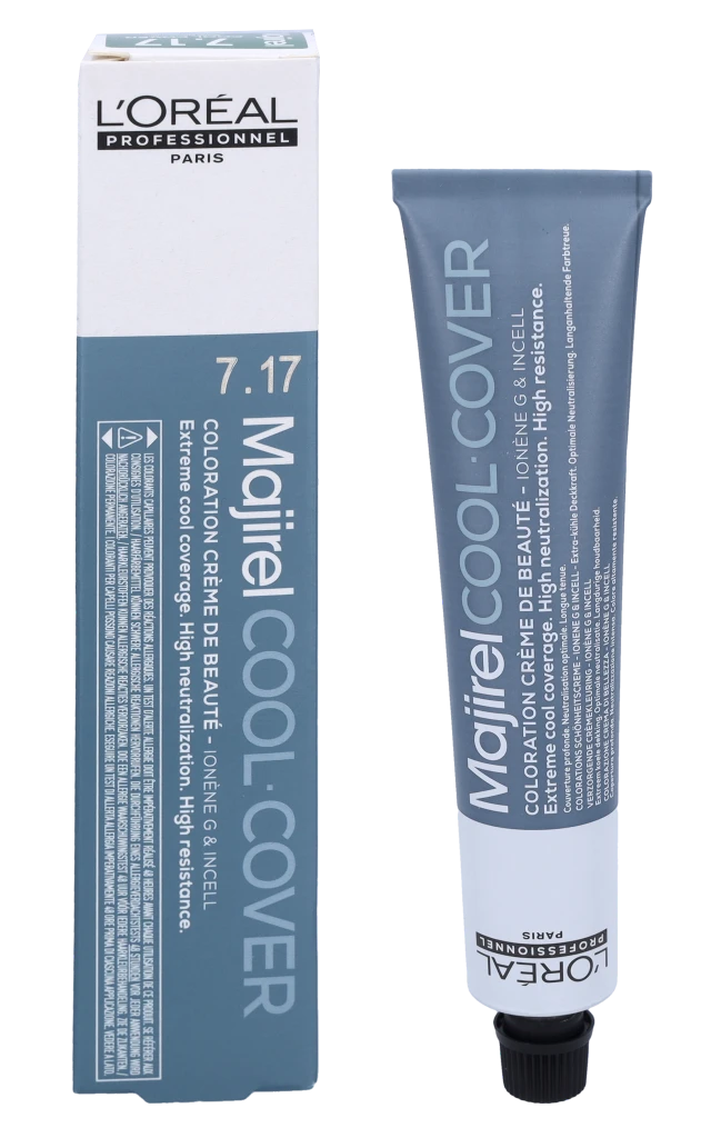 L'oreal Majirel Cool Cover 7.17 dažų tūbelė ir dėžutė