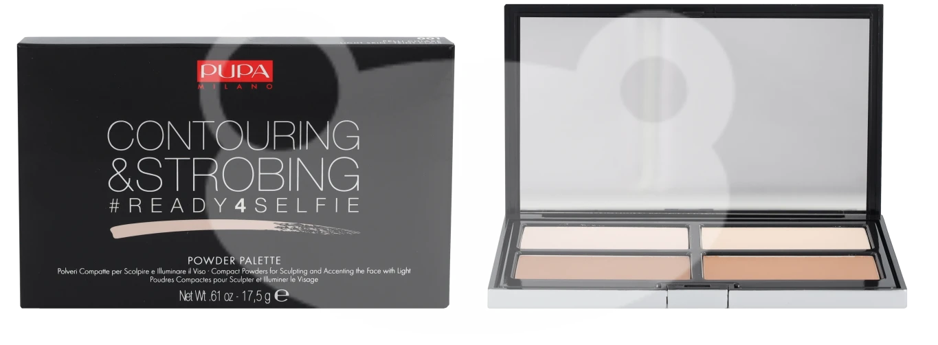 Pupa Milano Pupa #READY4SELFIE Contouring & Strobing Powder Palette kontūravimo ir strobingo pudros paletė, atspalvis: 001-Light Skin, 17,5 g