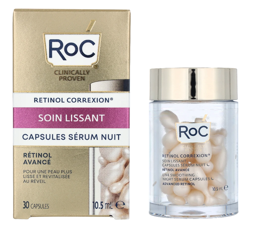 ROC Retinol Correxion Line Smoothing Night Serum glotninančios naktinės veido serumo kapsulės, 10.5 ml