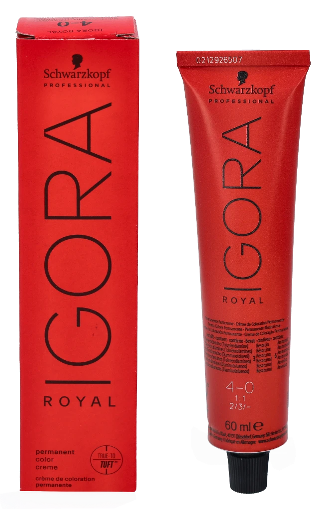 Schwarzkopf Igora Royal 4-0 dažų tūtelė ir dėžutė