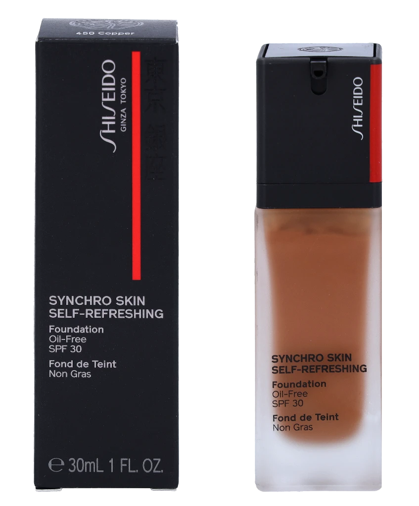 „Shiseido Synchro Skin“ gaivinantis skystas makiažo pagrindas be aliejaus, 450 Copper SPF 30, 30 ml