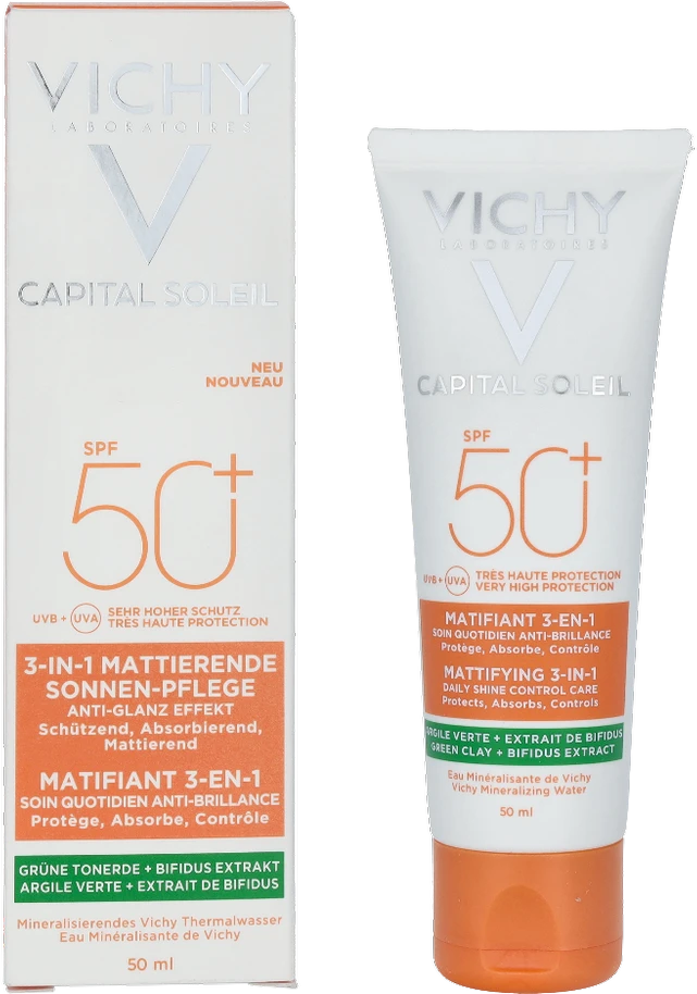 Vichy Capital Soleil Mattifying Protector 3 in 1 Spf50+ matinį efektą suteikianti kasdienė priemonė nuo saulės veidui 50ml