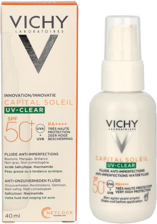 Vichy "Capital Soleil Uv Clear Fluide Anti Imperfections Spf50+" riebios odos apsauginis kremas nuo saulės su salicilo rūgštimi 40 ml